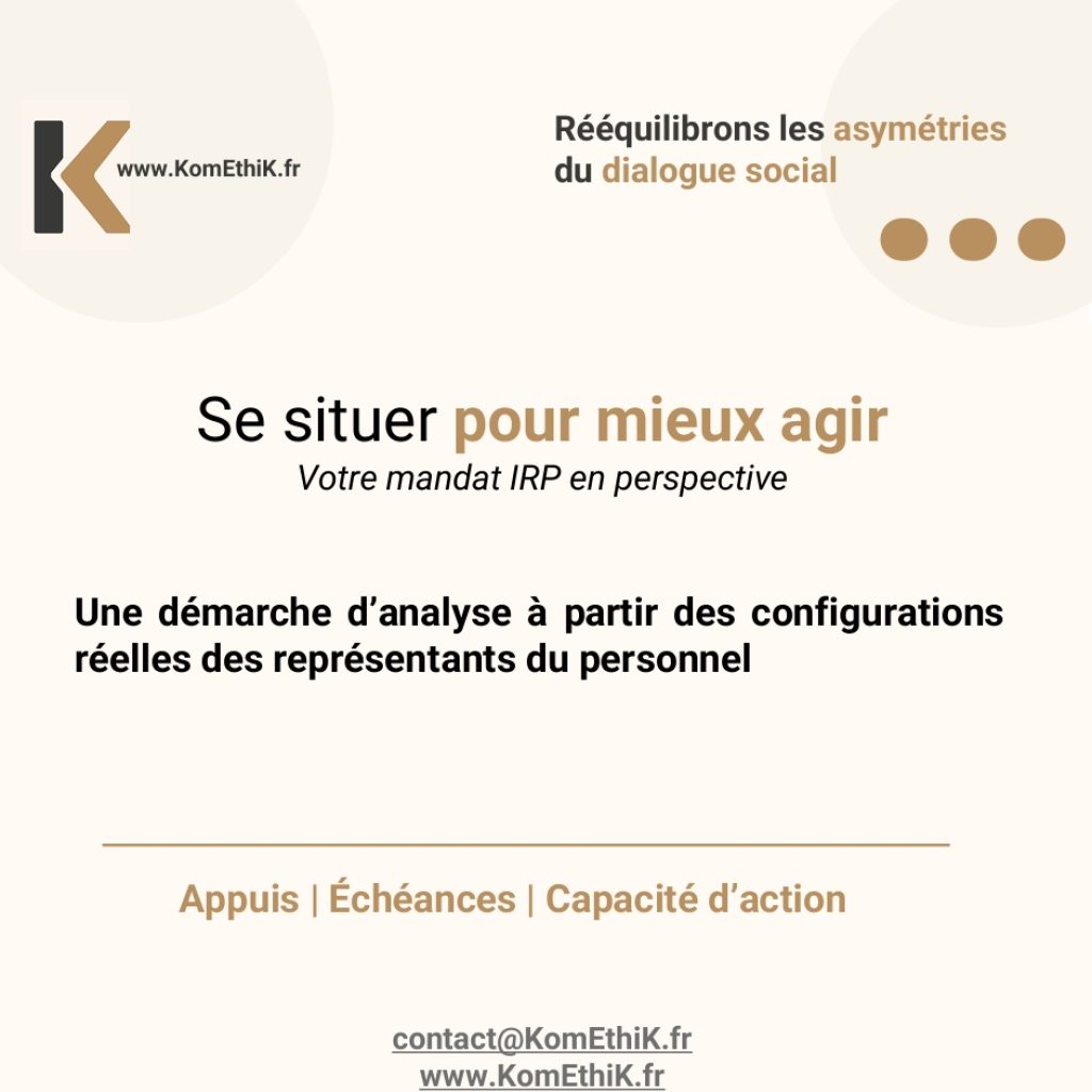 Se situer pour mieux agir
Votre mandat IRP en perspective 
Une démarche d’analyse à partir des configurations
réelles des représentants du personnel
Appuis | Échéances | Capacité d’action